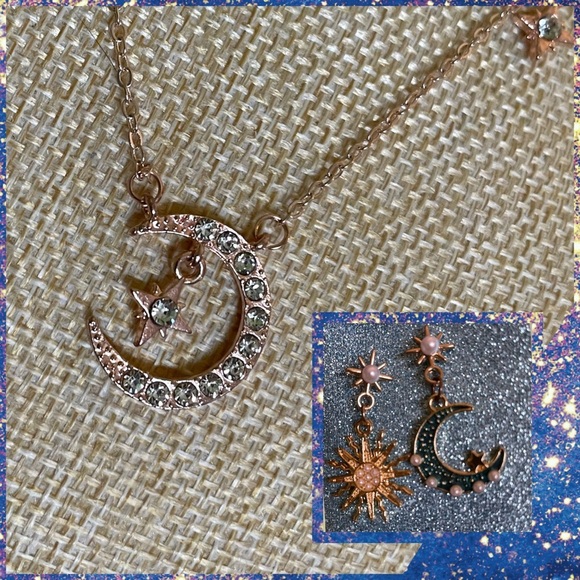Elegant Gold Moon and Star Necklace and earrings - Picture 1 of 10